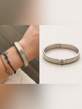Tory Burch Silver Tone Pebbled Leather Hinged Bangle Bracelet Logo Quiet Luxury